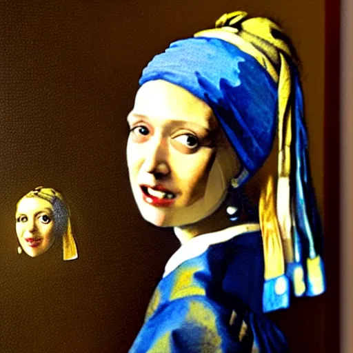 Image similar to facebook executive sheryl sandberg with pearl earring, painting by johannes vermeer