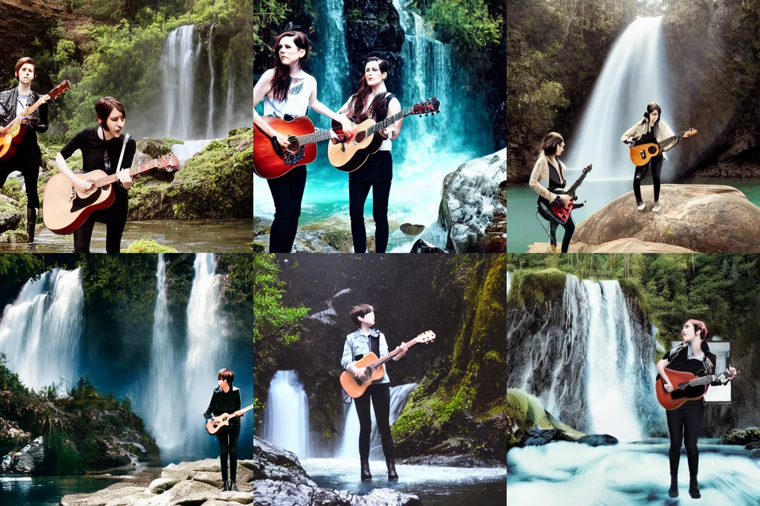 Prompt: tegan and sara playing guitar while standing in a waterfall, fantasy style