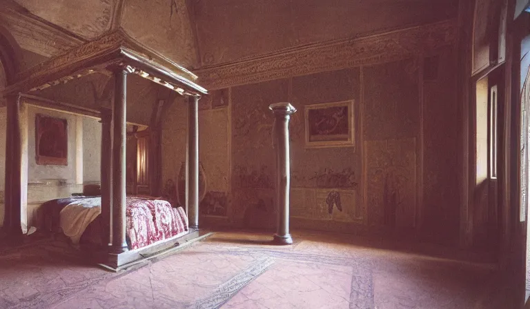 Image similar to A bedroom designed by Donatello, 35mm film, long shot