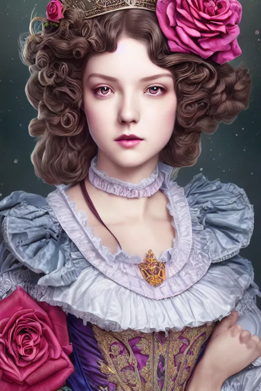 Prompt: a romatic charming princess of legends character, victorian era royal dresses, royall, masterpiece, symmetrical face, rose frame, maximalist, cg animation, riot enterainment, arcane,, realistic, hyper detailed, character select portrait, by artgerm, anna dittmann, kyoung hwan kim, loish, drew struzan, 3 d