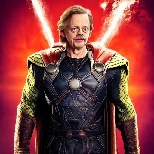 Image similar to Steve buscemi as marvel thor, promo poster, movie poster, cool pose