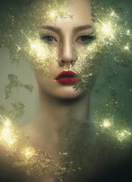 Image similar to double exposure effect, glowing silver and golden elements, full close-up portrait, realistic female model from shutterstock as a dark witch, book cover, green forest, white moon, red lips, establishing shot, extremly high detail, photo-realistic, cinematic lighting, pen and ink, intricate line drawings, by Yoshitaka Amano, Ruan Jia, Kentaro Miura, Artgerm, post processed, concept art, artstation, matte painting, style by eddie mendoza, raphael lacoste, alex ross