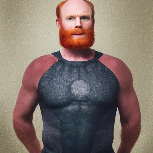 Image similar to photograph of a ginger male, middle aged balding superhero