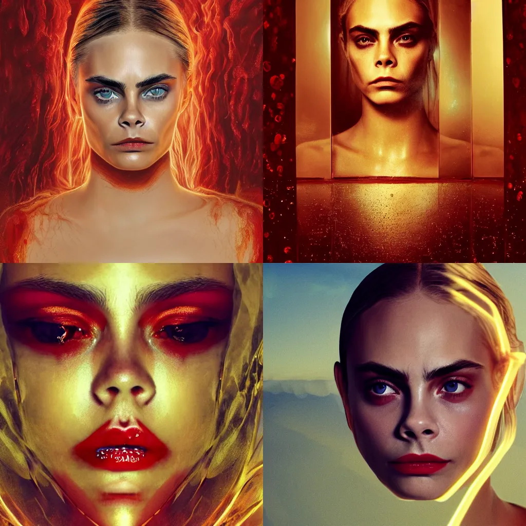 Prompt: Cara Delevigne with beautiful clear defined face and full body laying in a blood red pool of water between a bright golden glowing mirror frame, outside is space and inside the mirror frame is a beautiful landscape. Hyperrealistic surreal 4K IMAX Rene Margritte intricate, elegant, highly detailed, digital painting, artstation, concept art, smooth, sharp focus, illustration, art by artgerm, Francis bacon, HR Giger, greg rutkowski and alphonse mucha