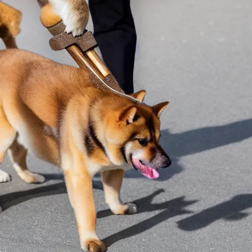 Prompt: close - up photo of shiba inu holding huge mace in paws, standing vertically, ( eos 5 ds r, iso 1 0 0, f / 8, 1 / 1 2 5, 8 4 mm, postprocessed, sharp )