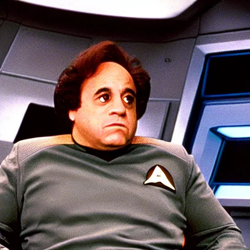 Image similar to captain danny devito sitting in the captains chair of the USS enterprise, star trek the next generation, cinematic