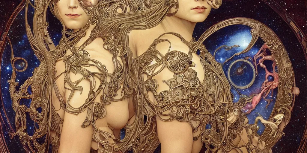 Image similar to portrait of alien made with porcelain by Jeff Easley and Peter Elson + beautiful eyes, beautiful face + symmetry face + border and embellishments inspiried by alphonse mucha, fractals in the background, galaxy + baroque, gothic, surreal + highly detailed, intricate complexity, epic composition, magical atmosphere + masterpiece, award winning + trending on artstation