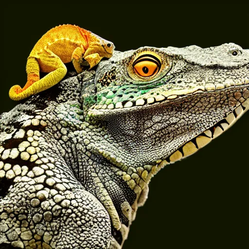 Image similar to single Tokay crocodile chameleon sitting on a lions back, wildlife photography, National Geographic, 4k