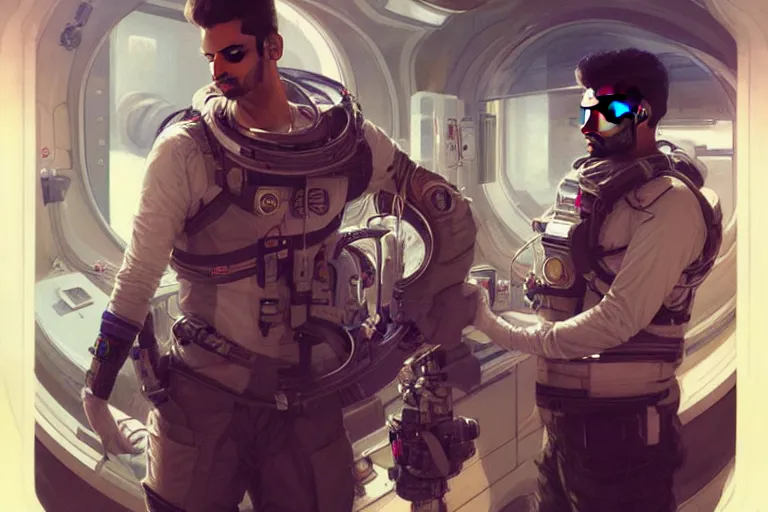 Image similar to Sensual good looking pale young Indian doctors wearing Deus Ex clothing in a space station above Earth, portrait, elegant, intricate, digital painting, artstation, concept art, smooth, sharp focus, illustration, art by artgerm and greg rutkowski and alphonse mucha