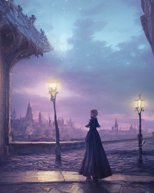 Prompt: over the shoulder landscape painting of violet evergarden, behind her is a distant old european city lights next to the reflecting ocean, nighttime, by Philipp A. Urlich and Pengzhen Zhang and Andreas Rocha, fantasy, intricate, elegant, highly detailed, digital painting, artstation, blender, unreal engine 5, octane render, smooth, sharp focus, illustration