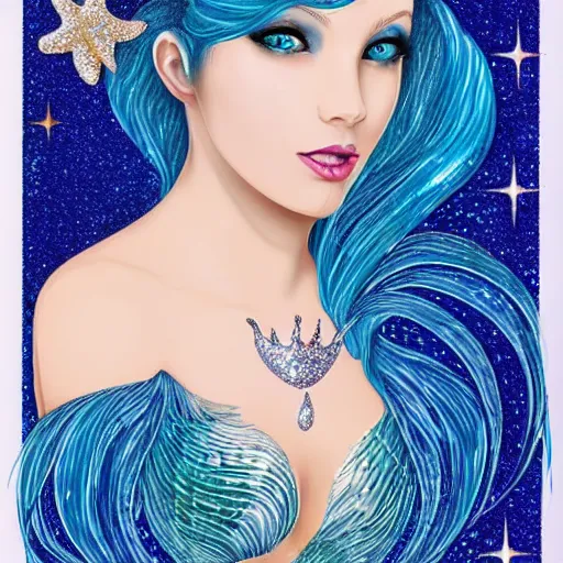 Image similar to an ultra perfect portrait of a fantastic mermaid with an ultra perfect and ultra detailed wild face with beautiful, ultra detailed wild blue eyes a fantastic crown of diamons and a diamond dust glitter and sparkles tail, swimming in a beautiful blue ocean