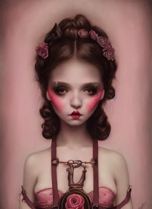 Image similar to pop surrealism, lowbrow art, realistic seductive cute woman painting, pink body harness, hyper realism, muted colours, rococo, natalie shau, loreta lux, tom bagshaw, mark ryden, trevor brown style,