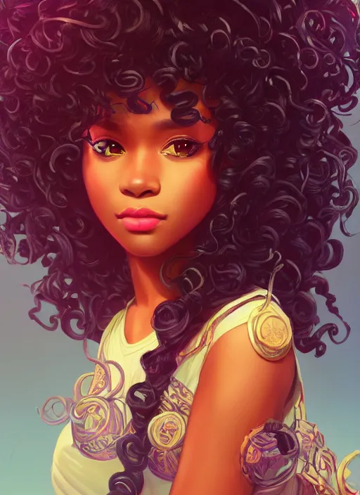 Image similar to beautiful black girl with long curly hair, cute, intricate, highly detailed, retrowave epic art, digital painting, trending on artstation, concept art, smooth, sharp focus, backlit, rim light, vivid colors, illustration, unreal engine 5, 8 k, art by rossdraws and alphonse mucha