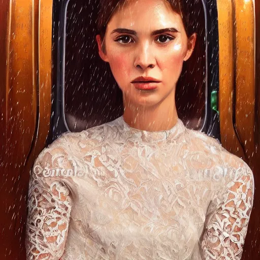 Prompt: anna carlos as a hot girl on a train, detailed lace dress, gorgeous face portrait, expressive oil painting, matte art, trending on artstation, rainy weather