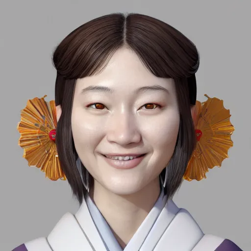 Image similar to centered portrait of a smiling 3D beautiful Japanese girl in kimono, hyperdetailed, digital painting, trending on Artstation, cel-shading style, CG society, hyperdetailed, digital painting, hypermaximalist, golden ratio, volumetric, octane render, weta digital, micro details, 3d sculpture