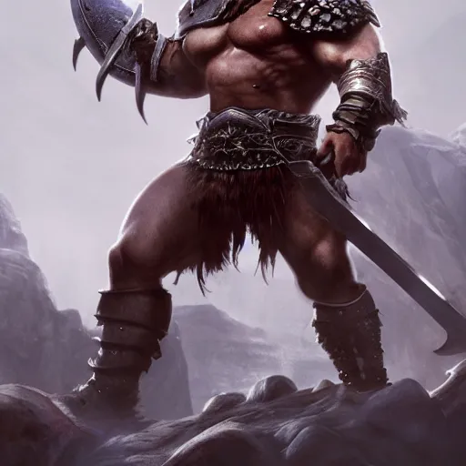 Image similar to conan the barbarian in diablo 3, au naturel, hyper detailed, digital art, trending in artstation, cinematic lighting, studio quality, smooth render, unreal engine 5 rendered, octane rendered, art style by klimt and nixeu and ian sprigger and wlop and krenz cushart