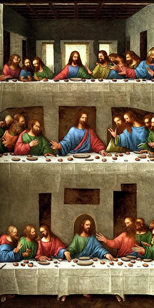 Image similar to the last supper with jesus, all the disciples are slimy green blobs, painted by leonardo da vinci