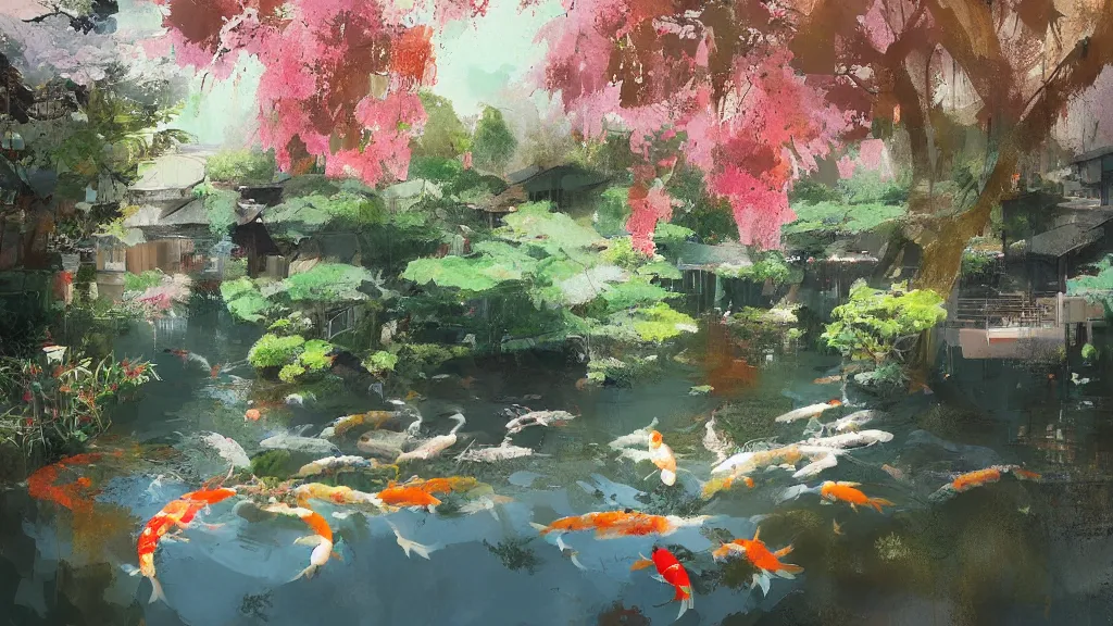 Image similar to painting of a koi pond, trending on artstation, masterpiece by ismail inceoglu