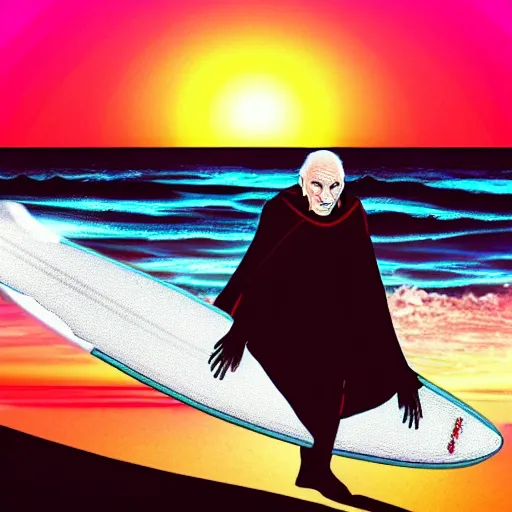 Prompt: darth plagueis the wise on a surfboard at sunset, vaporwave aesthetic, highly detailed