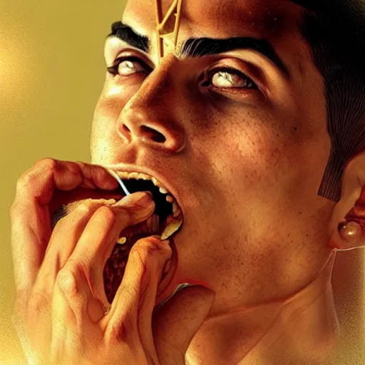 Image similar to Cristiano Ronaldo eating a mighty zinger from KFC, closeup, D&D, fantasy, intricate, elegant, highly detailed, digital painting, artstation, concept art, matte, sharp focus, illustration, art by Artgerm and Greg Rutkowski and Alphonse Mucha