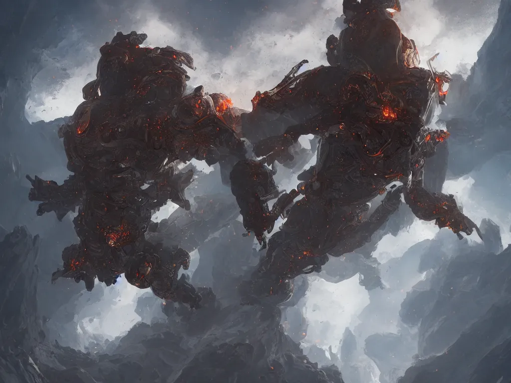 Image similar to a man in white armor flies from volcano , symmetry, intricate, highly detailed, artstation trending, ray tracing, cinematic, art by andrey surnov, concept art,