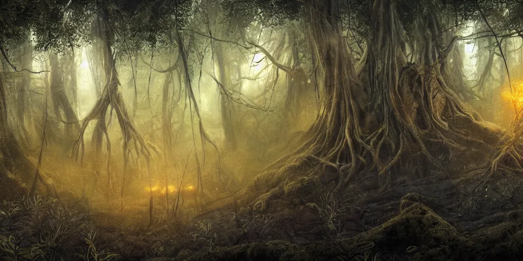 Prompt: ancient neurons with yellow and red glowing synapses running through the forest, the trees are angry, jungle mountains in the background with huge incredibly immense trees, highly detailed, hyperrealism, trending on art station, ancient forest like fanal forest or fangorn forest, misty forest, realistic painting, sharp image, hyper realistic art, highly detailed leaves, cinematic