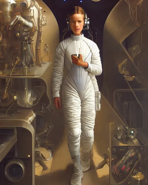 Image similar to a realistic oil painting of a girl resembling alicia vikander or millie bobby brown wearing a spacesuit in a futuristic mechanical spaceship engine, highly detailed, intricate, artstation, by donato giancola and william adolphe bouguereau