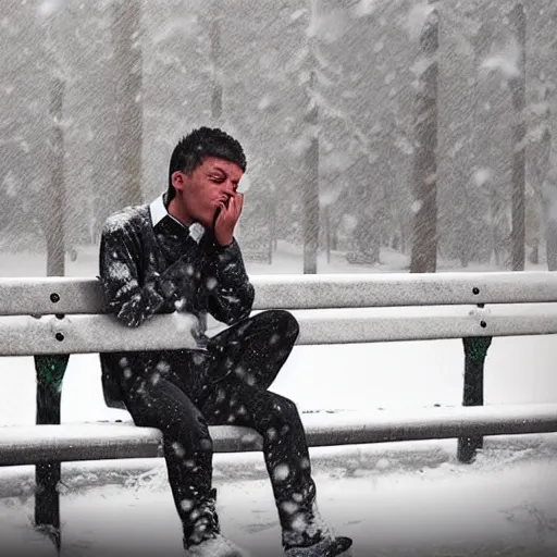 Prompt: young man crying on a park bench alone under falling snowflakes, trending on artstation