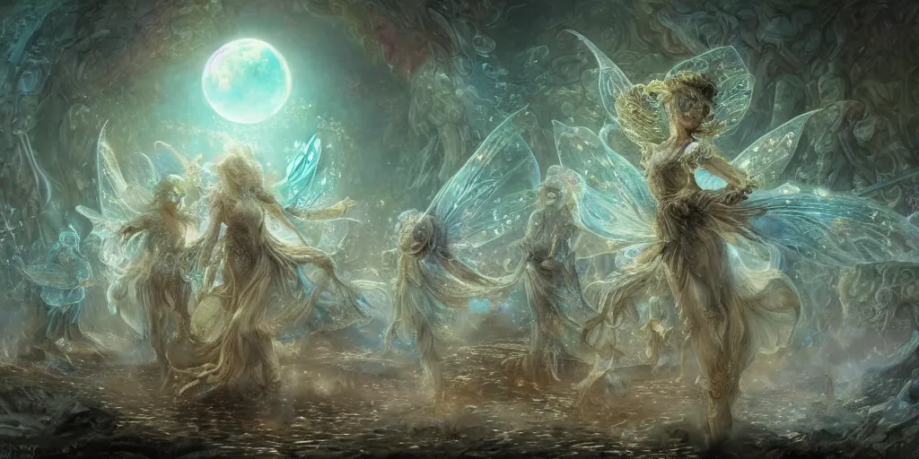 Image similar to concept art of translucent glowing fairies dancing, lovecraftian, renaissance, melting, round moon, rich clouds, fighting the horrors of the unknown, very detailed, volumetric light, mist, fine art, decaying, textured oil over canvas, epic fantasy art, very colorful, ornate intricate scales