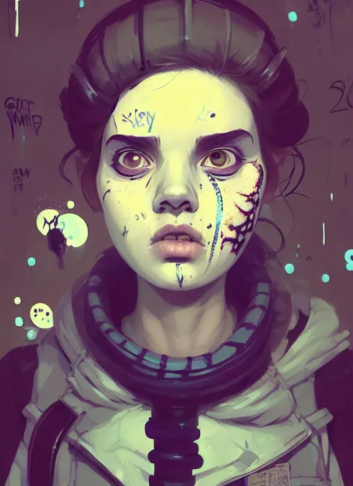 Prompt: highly detailed portrait of a sewer punk 2 1 year old lady with white graffiti face paint by atey ghailan, james gilleard, by joe fenton, by greg rutkowski, by greg tocchini, by kaethe butcher, 4 k resolution, gradient yellow, black, brown and cyan color scheme, grunge aesthetic!!! ( ( dystopian graffiti tag wall in background ) )