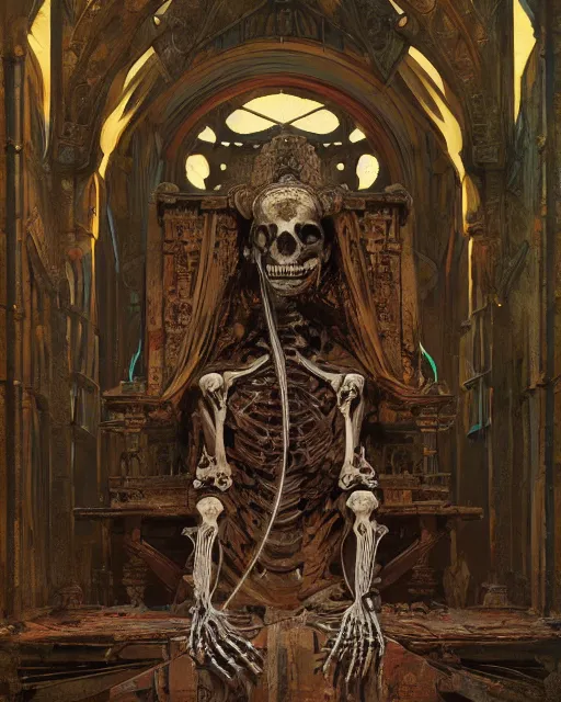 Image similar to ancient skeleton sits on a throne in an old temple with godrays, gorgeous, amazing, intricate, highly detailed, digital painting, artstation, concept art, sharp focus, illustration, art by greg rutkowski and alphonse mucha