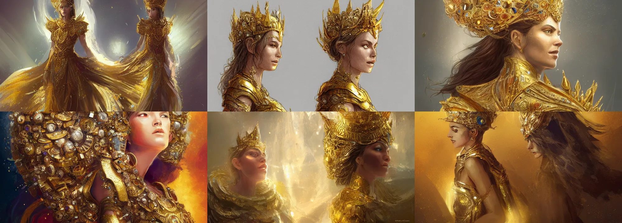 Prompt: a goddess wearing a gold Armor and precious gemstones in her crown, flowing dress, light coming from being, depth of field, concept art in the style of Daniel Dociu