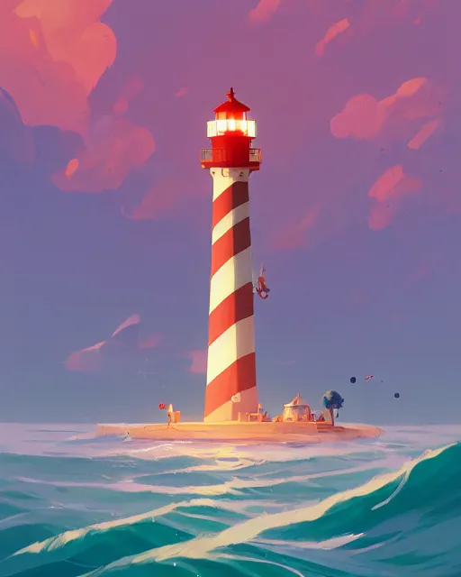 Image similar to painting of lighthouse in the sea by cory loftis, james gilleard, goro fujita, makoto shinkai, simon stalenhag, atey ghailan, makoto shinkai, goro fujita, studio ghibli, rim light, exquisite lighting, clear focus, very coherent, plain background, soft painting