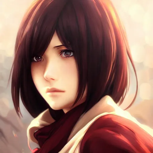 Image similar to mikasa ackerman, bokeh, beautiful face!!!!, 2 7 years old, cg animation, lifelike, animated, realistic, character select portrait, by artgerm, greg rutkowski, alphonse mucha, 3 d