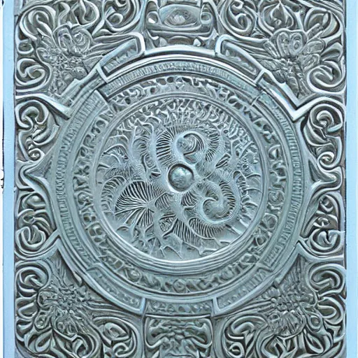 Prompt: fractals, maze, thin lines, high detail, ernst haeckel, carved soapstone relief paneling white and pale blue