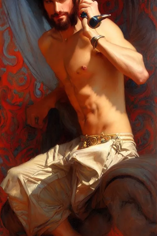 Image similar to attractive male, taoism, painting by gaston bussiere, greg rutkowski, j. c. leyendecker, artgerm