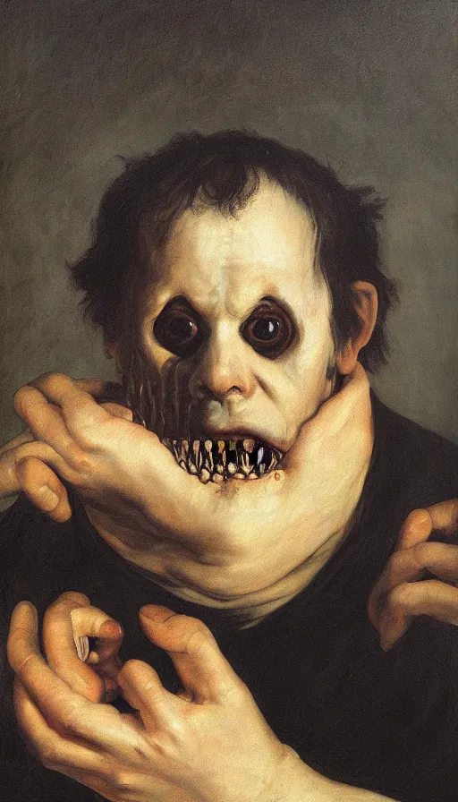 Prompt: the sunken, empty eyes of a cannibal digesting his last meal of the day, oil painting, self portrait hyperrealistic, surrealcore, lovecraftian, 4 k by francisco goya