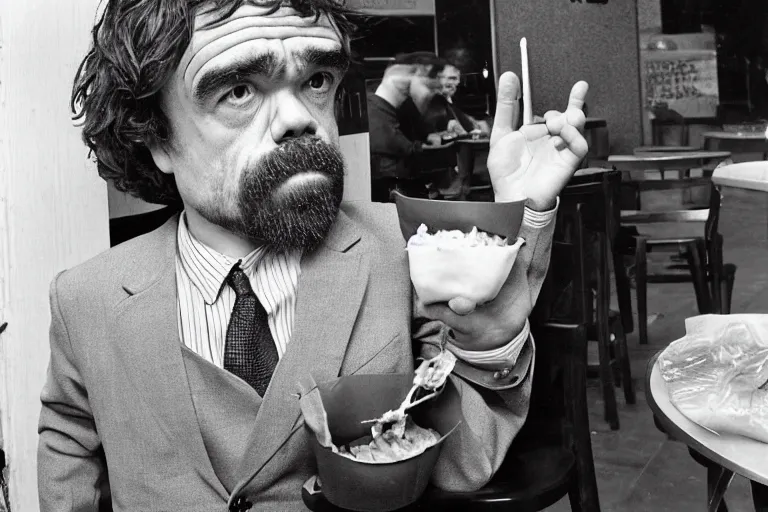 Image similar to peter dinklage at arbys eating curled fries, in the style of eugene atget and peter witkin