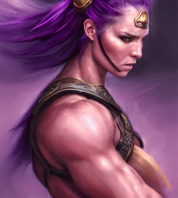 Image similar to muscular female warrior holding dagger shaft, perfect face, diadem, black halter top, purple hair, abs, cinematic, blush, stunning, athletic, strong, agile, highly detailed, psychedelic, digital painting, artstation, smooth, hard focus, illustration, art by jessica rossier and and brian froud