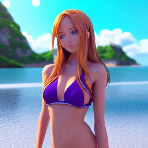 Image similar to Render of a very beautiful 3d anime girl, long hair, purple eyes, cute freckles, full round face, short smile, cute bikini, golden hour, serene beach setting, medium shot, mid-shot, highly detailed, trending on Artstation, Unreal Engine 4k