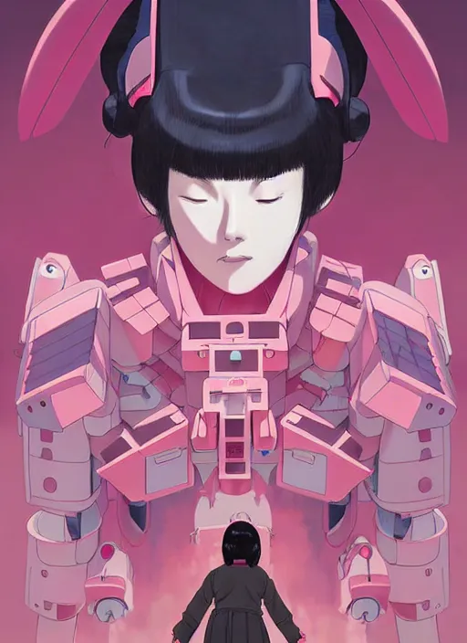 Prompt: Artwork by James Jean, Phil noto and hiyao Miyazaki; a young Japanese future samurai police girl named Yoshimi battles an enormous looming evil natured carnivorous pink gundam robot on the streets of Tokyo; Japanese shops and neon signage; crowds of people running; Art work by studio ghibli, Phil noto and James Jean