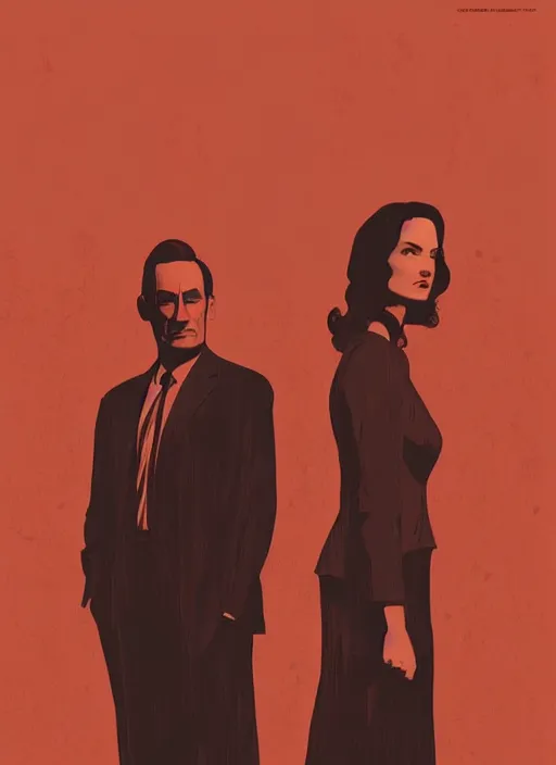 Image similar to Twin Peaks poster artwork by Michael Whelan and Tomer Hanuka, Karol Bak of Naomi Watts & Jon Hamm husband & wife portrait, in the pose of American Gothic, from scene from Twin Peaks, clean, simple illustration, nostalgic, domestic, full of details