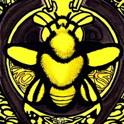 Image similar to a bumblebee in the middle of a bullseye, art nouveau, fantasy illustration, tarot, dark and angry