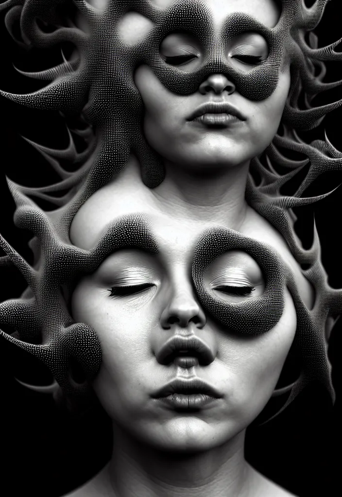 Image similar to one young beautiful woman with eyes closed, with a mandelbulb mask. fractal, speed painting, scribble art, octane render, portrait. behance, artstation, black and white. intricate detail, beautiful, moody, cinematic. futurism, Unreal Engine, photorealistic.