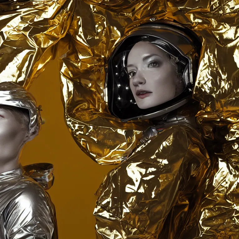 Image similar to octane render portrait by wayne barlow and carlo crivelli and glenn fabry, subject is a woman covered in folded aluminum foil space suit with a colorful metallic space helmet, floating inside a futuristic black and gold space station, cinema 4 d, ray traced lighting, very short depth of field, bokeh