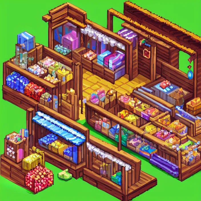 Prompt: isometric pixel art of a small market stall selling magical crystals