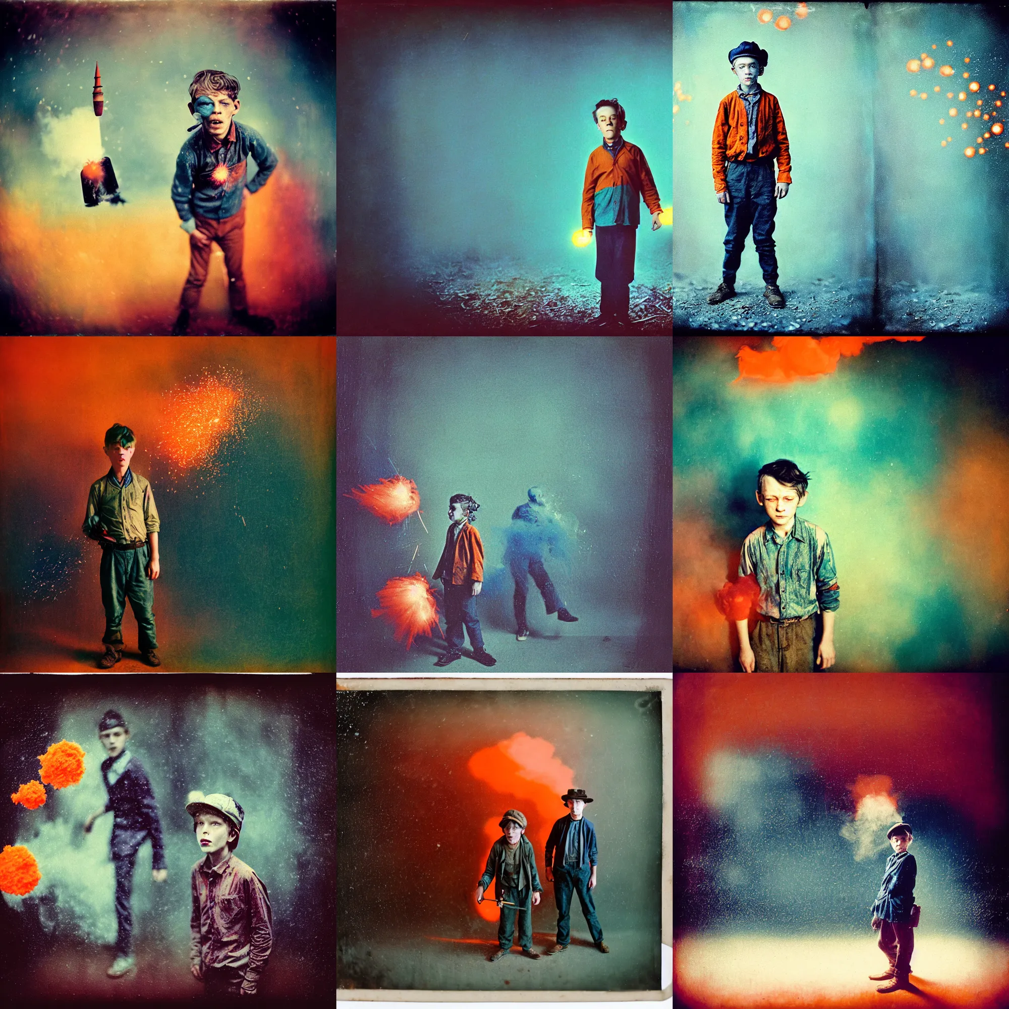 Prompt: kodak portra 4 0 0, wetplate, muted colours, blueberry and orange and teal, handsome 8 year old boy, the walking dead, 1 9 1 0 s style, motion blur, portrait photo of a backdrop, explosions, rockets, bombs, sparkling, snow, fog, by georges melies and by britt marling