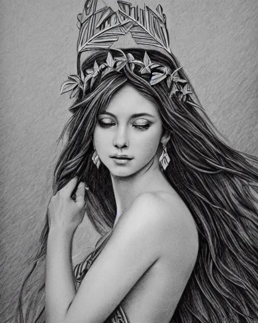 Image similar to pencil drawing of a beautiful greek goddess aphrodite wearing a laurel wreath and arrowhead earrings, beautiful confident eyes, beautiful flowing hair, hyper realistic face, in the style of artgerm, fantasy, amazing detail, epic, elegant, smooth, sharp focus, from the front, long shot