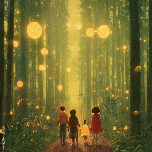 Prompt: a family walking in a beautiful luminous forest at night with fireflies, beautiful lighting, risograph, by ghibli, ross tran, hiroshi yoshida, klimt