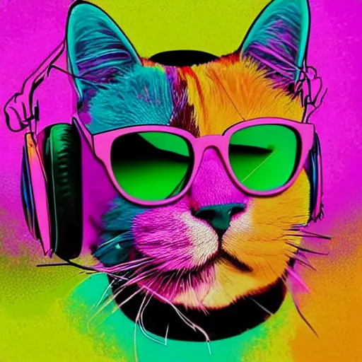 Prompt: colorful popart of a cool cat wearing headphones and sunglasses
